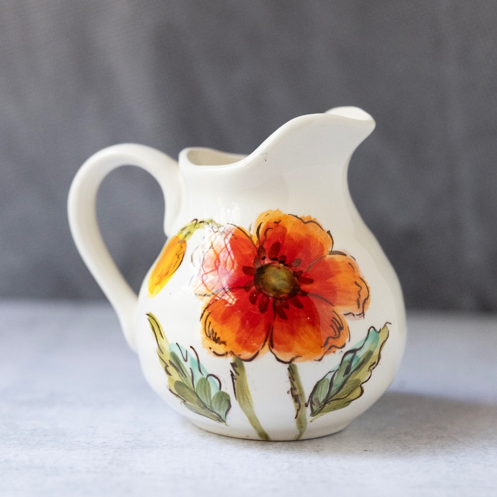 Maxcera Water Poppy pitcher creamer 5 inches tall floral design orange red